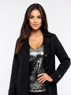 Giacca Petite Med Black Versatile Trench Coat with Button Accents Trendy Light